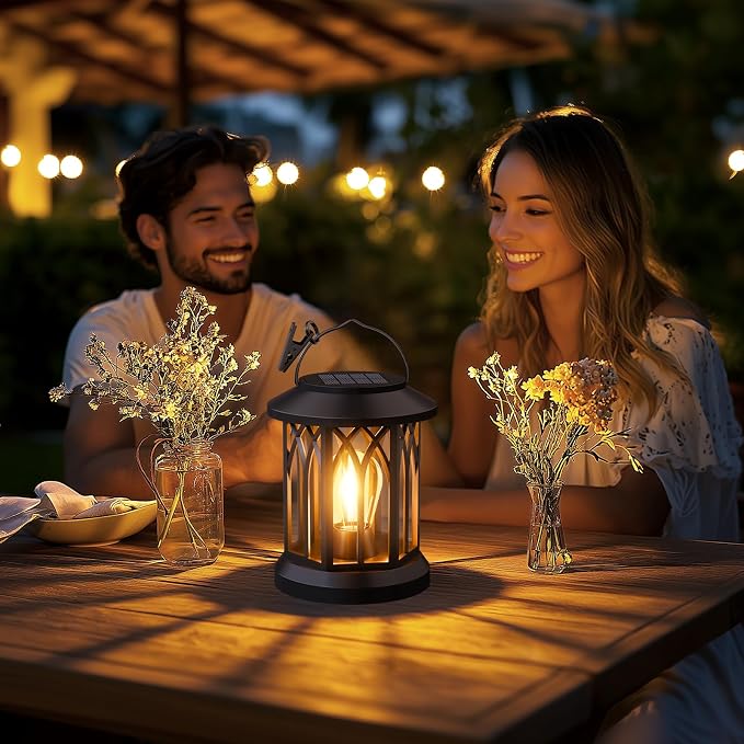 Solar Lanterns Outdoor Waterproof 4-Pack: Hanging Lantern Accent Warm Light | Hang & Clip for Patio Table, Ip65 Waterproof, Auto On/Off, Lasts 12-15h Glow, High-Capacity Battery, Warm Ambiance, No Wiring
