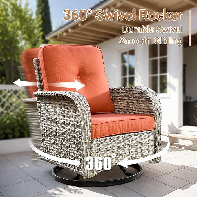 HOOOWOOO Patio Furniture Set,5 Pieces Wicker Outdoor Furniture,High Back Conversation Set with All Weather Resistant Solar Light Table Couch Swivel Chairs,Red