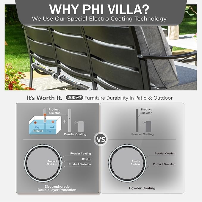 PHI VILLA Patio Furniture Set with FirePit Table, Outdoor Furniture with 1 x 3-Seat Wide Deep Seating Bench, 2 x Swivel Sofa Chairs & 2 Ottomans, 5.75" Thick Cushioned Outdoor Conversation Set, Grey