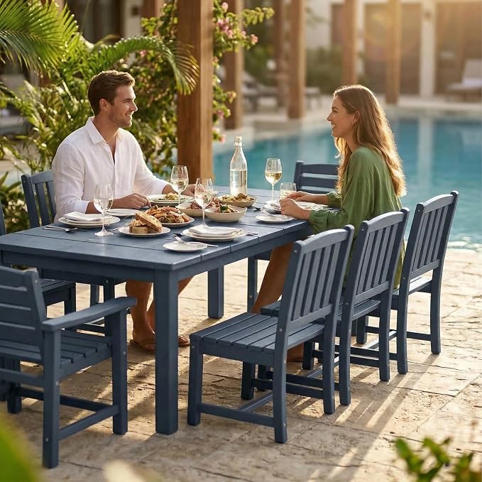 Kingdura 9 Piece Patio Dining Set for 8, 75.2'' HDPE Outdoor Dining Table Set with 2" Umbrella Hole, Weather-Resistant Outdoor Furniture, Table and Chairs Set for Backyard Pool Garden, Navy Blue