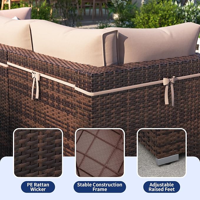 Patio Furniture Set, Modular 10-Piece Patio Conversation Sets with Coffee Table, All-Weather Wicker Outdoor Sectional for Backyard and Balcony, Beige (Waterproof Covers Included)