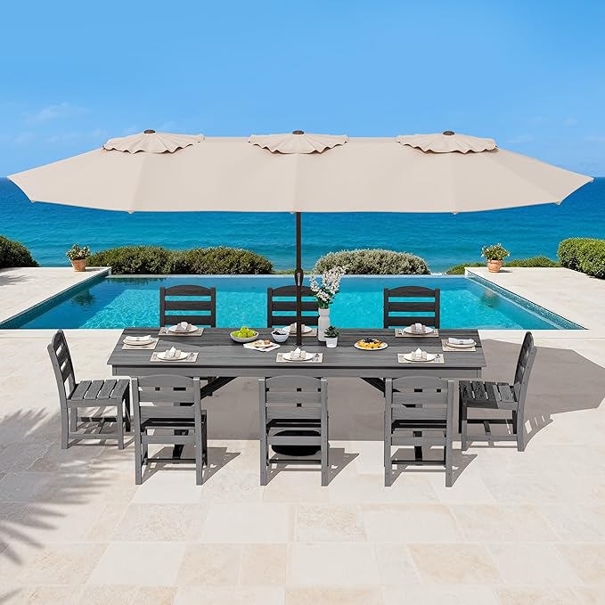 SERWALL 9 Piece Outdoor Dining Set, 84" HDPE Outdoor Table and Armless Chairs Set for 8，All Weather Patio Furniture Set with Umbrella Hole for Backyard, Garden, Gray