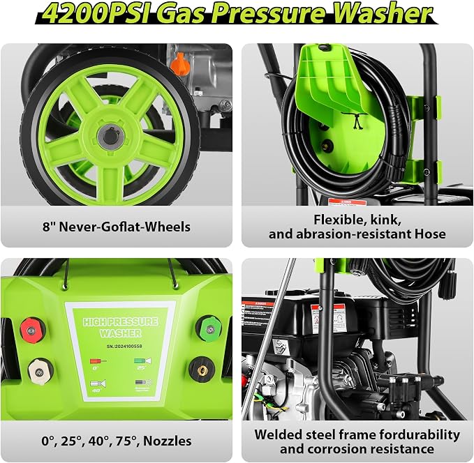 4200PSI Gas Pressure Washer 4.0GPM Gas Power Washer 209CC Gas Powered Washing Machine Commercial High Pressure Washer with 25ft Hose&5 Nozzles for Patio Garden Yard Vehicle,EPA/CARB/ETL