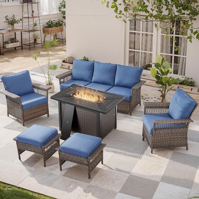 Patio Furniture Set with Fire Pit Table, 6PCS Patio Conversation Set Brown Resin Wicker Patio Chair Sofa Ottoman with 43in Rectangular Iron Outdoor Fire Table PE Rattan Furniture