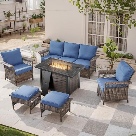 Patio Furniture Set with Fire Pit Table, 6PCS Patio Conversation Set Brown Resin Wicker Patio Chair Sofa Ottoman with 43in Rectangular Iron Outdoor Fire Table PE Rattan Furniture