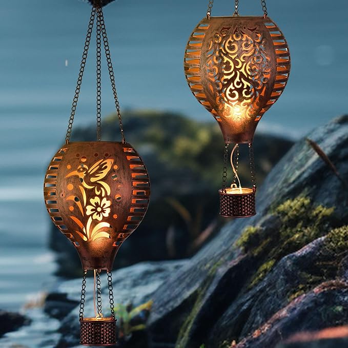 TERESA'S COLLECTIONS 2 Pack Hummingbird Flame and Hot Air Balloon Hanging Solar Lantern for Garden Decor, Outdoor Lights for Yard Decoration,Patio Yard Porch Lawn Ornaments as Gifts for Mom,18 Inch