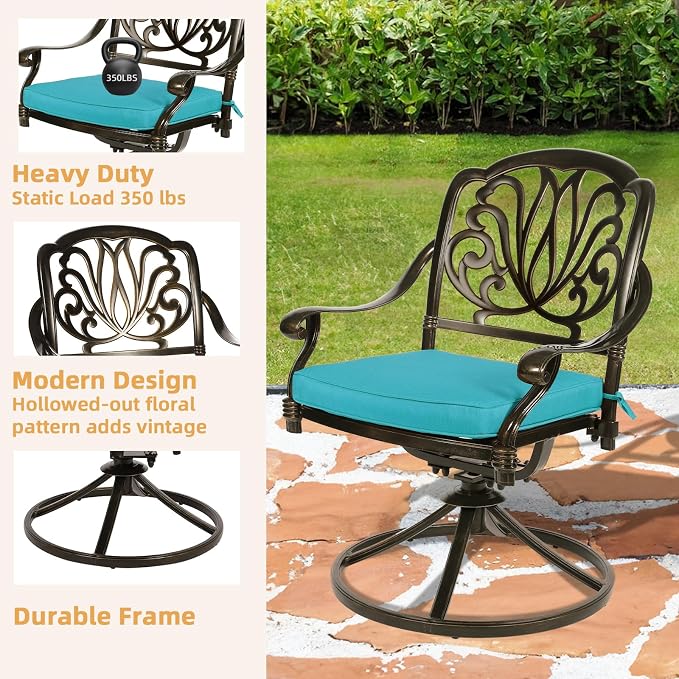 9-Piece Patio Furniture Dining Set, Cast Aluminum Outdoor Conversation Set- 61" Round Patio Dining Table with Detachable Lazy Susan & 8 Cushioned Swivel Rocker, Umbrella Hole, Ocean Blue