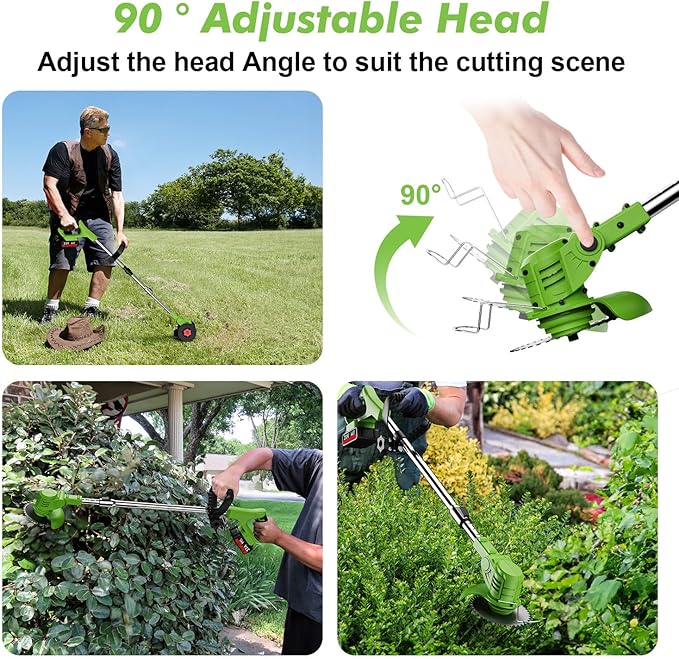 Cordless String Trimmer,21V 2.0Ah Battery, Fast Charger & 4 Types Blades, Lightweight Lawn Trimmer with Wheels, Grass Trimmer/Brush Cutter/Lawn Edger for Garden