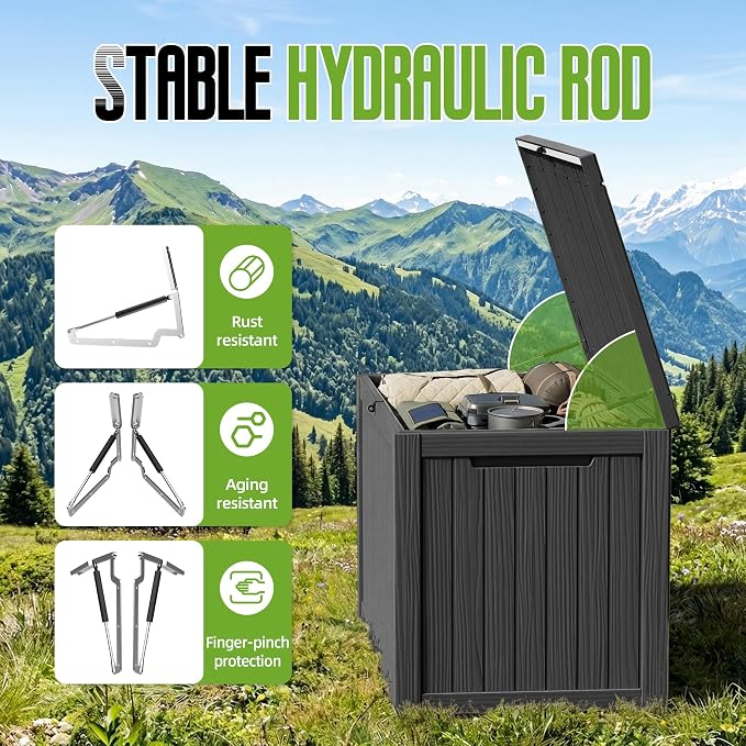 200 Gallon Outdoor Storage Deck Box Waterproof Resin Lockable Outside Bench Porch Patio Furniture Pool Float Garden Tool Cushion UV Resistant Bin Black