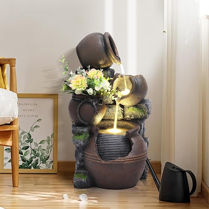 Outdoor Cascading Rock Water Fountain, 4-Tiers Fountains and Waterfalls with LED Lights, Indoor Freestanding Resin Waterfall Feature w/Pump for Patio, Garden, Backyard, Deck, Porch, Home Decor