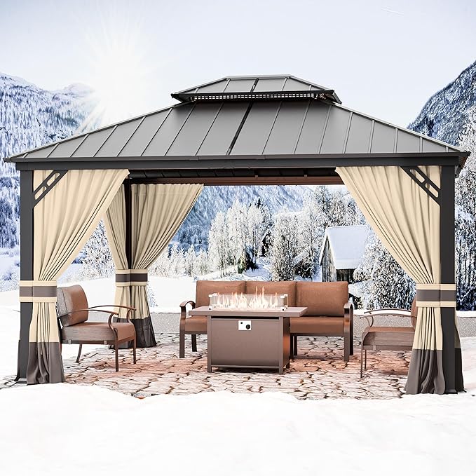 12' x 14' Hardtop Gazebo,Outdoor Permanent Pavilion Double Galvanized Steel Roof Pergola with Nettings and Curtains,Patio Sunshade Gazebos for Patio Lawns Backyard Deck,Brown