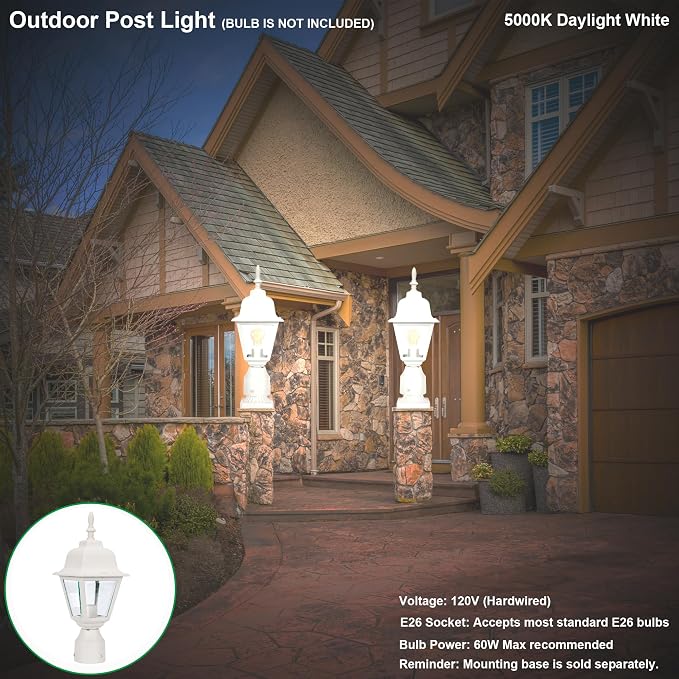 Outdoor Post Light, Rustproof Aluminum Pole Lamp, White | Exterior Lamp Post Light Fixture for Garden, Yard, Pathway, Waterproof, Glass, E26 Base, Max 60W, 2 Pack