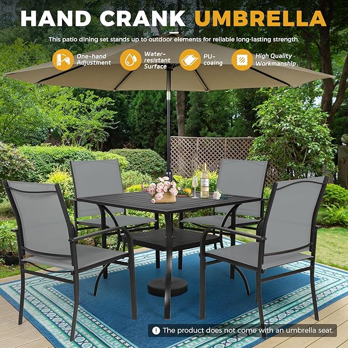 Incbruce 6 Pieces Patio Dining Set with Brown Umbrella, Outdoor Dining Set of 4 Textilene Chairs and Square Table with Umbrella Hole for Backyard, Garden, and Poolside (Grey)