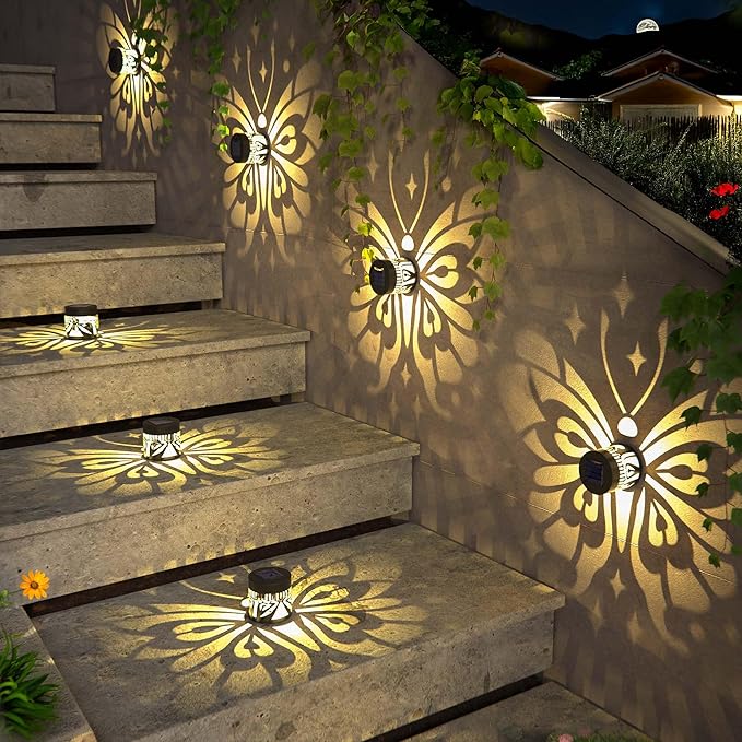 Hapjoy Solar Fence Lights 4 Pack Solar Deck Lamps Outdoor Decorations Powered Step Lights Wall Waterproof LED Warm Decorative Lighting for Garden (Butterfly-Star, 4)
