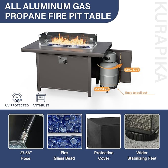 Kurapika Aluminum Patio Furniture Set 5-Seat Modern Metal Outdoor Conversation Sets w/45in Propane Fire Pit Table, Swivel Rocking Chairs Patio Sectional Sofa w/5.1 Inch Cushion, Grey