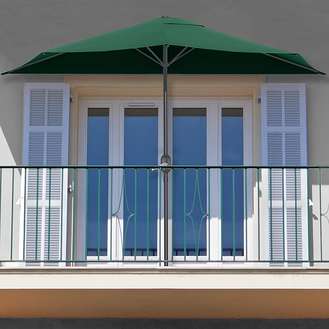 Half Umbrella Outdoor Patio Shade - 9 ft Patio Umbrella with Easy Crank and 20lb Weighted Base - Small Canopy for Balcony, Table, or Deck by Pure Garden (Dark Green)