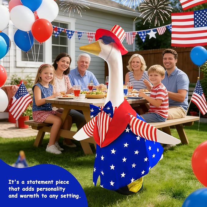 Porch Goose Outfit 4th of July Patriotic Summer Costume – Fits 23 Inch Concrete Cement Goose – Red White Blue Memorial Day Clothes