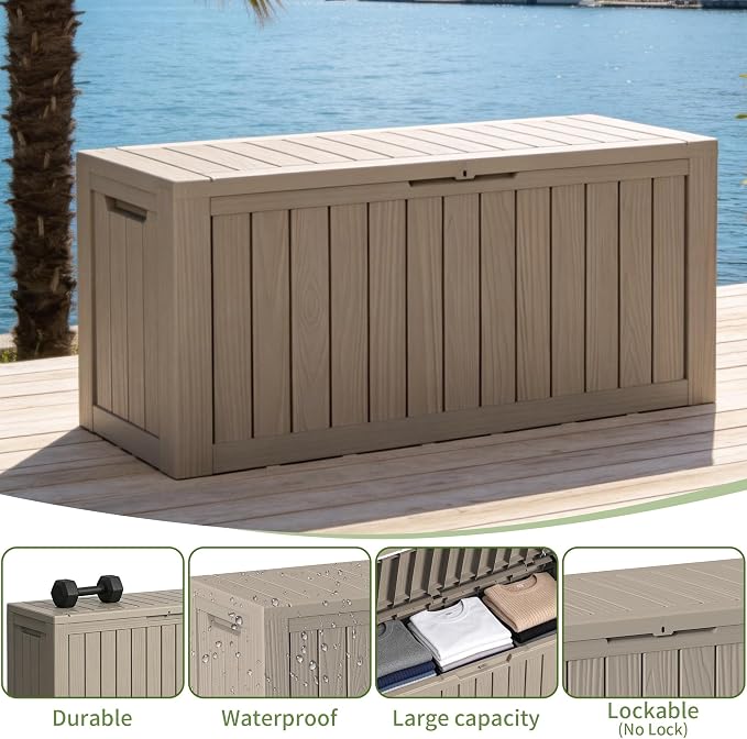 85 Gallon Outdoor Storage Box Waterproof, Large Deck Box Durable Resin Storage Bin with Lid for Patio Furniture Cushions Garden Tools (Gray, 85 Gallon)
