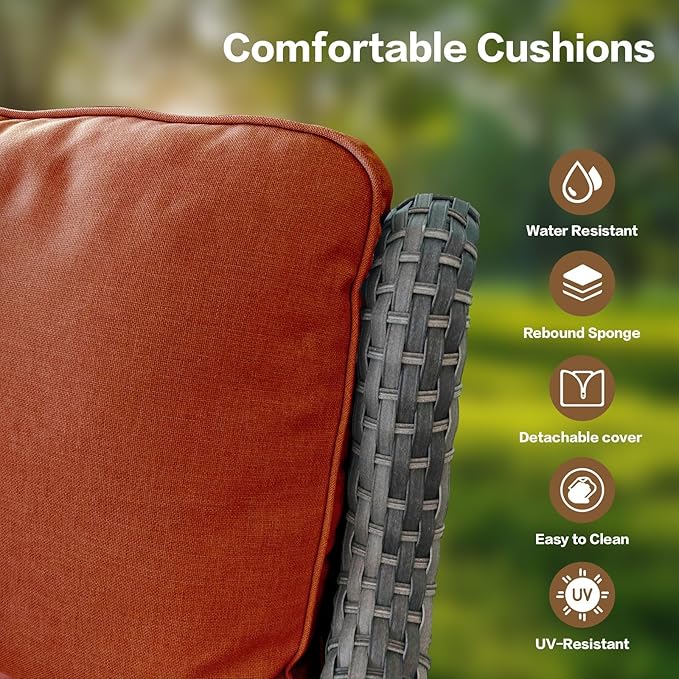 3 Pieces Patio Furniture Conversation Set PE Rattan Wicker Outdoor with 2 Armrest Chair and 1 Coffee Side Table, Soft Thick Washable Cushion for Yard Backyard Poolside Garden (Grey/Orange)