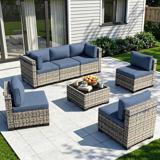 7-Piece Patio Furniture Set, Outdoor Sectional with Thick Cushions, Modular Patio Sofa, Dual-Strand Wicker Rattan, Rust-Resistant Frame, Backyard Furniture for Garden, Deck, Navy Blue