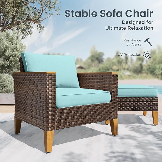 PHI VILLA 12-Piece Outdoor Sectional Wicker Furniture Set, Large Rattan Patio Conversation Set for 12 Seats with Cushioned 2 x Single Sofa, 4 x Armrest Chair, 4 x Ottoman and 2 x Armless Chair, Blue
