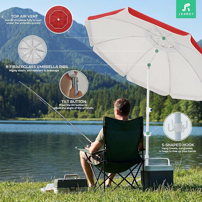 JEAREY 6.5ft Sun Shade Umbrellas, Portable Umbrella with Stand, Lightweight Sun Protection Free Standing Sport Umbrella for Outdoor Sports, Camping, Fishing, Patio, Beach, Red