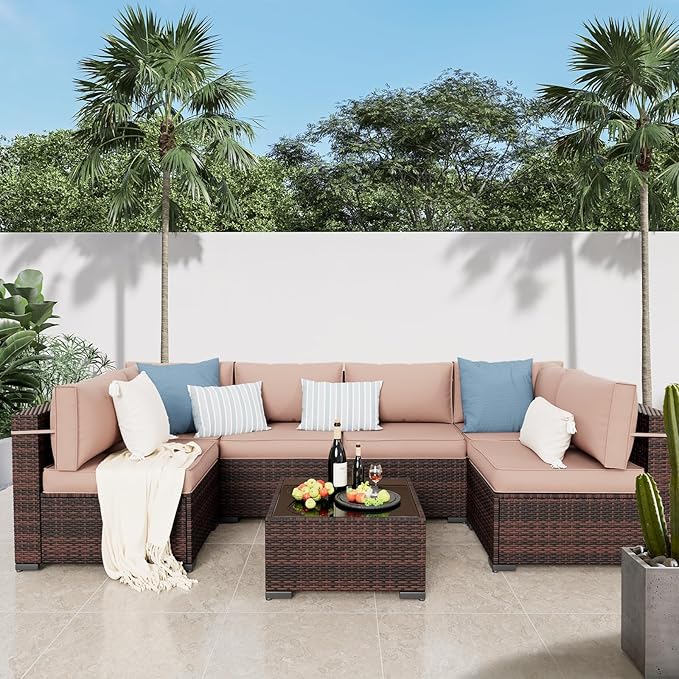 Amopatio Outdoor Patio Furniture Set 7 Pieces Patio Conversation Set Sectional Couch Sofa with All-Weather Cover, Glass Table & Thicken Cushion Fits Garden Yard Porch