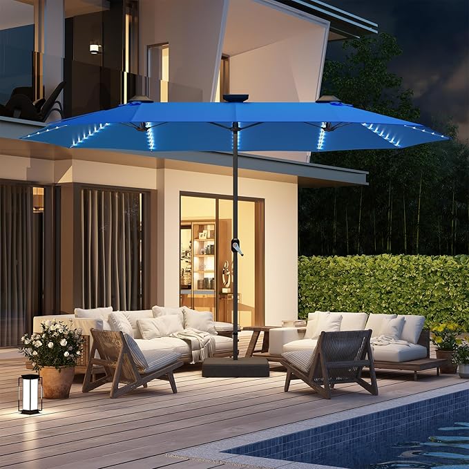 AECOJOY 15ft Double-Sided Patio Umbrella with Solar Lights, Outdoor Rectangle Market Large Patio Umbrella with Base Include|Crank Handle|156 PCS LED Lights for Garden Pool in Dark Blue(1.9" Pole)