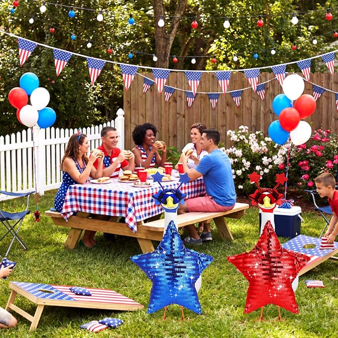 Abbylike 2 Set 4th of July Porch Goose Outfit 250th Red Blue Disco Sequin Star Yard Goose Costume Clothes Fits Large 23'' Cement for Independence Day American Patriotic Statue Patio Garden Art Decor