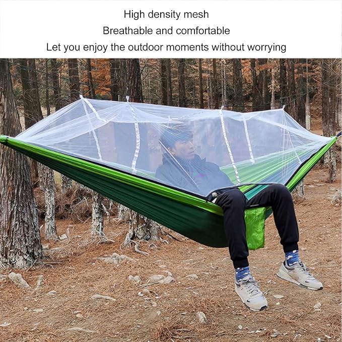 Camping Hammock with Net, Portable Outdoor Hammock Travel Bed 661lb Load Bearing Lightweight Portable Hammock with Net Nylon Material Hammock for Camping (Dark Green with Fruit