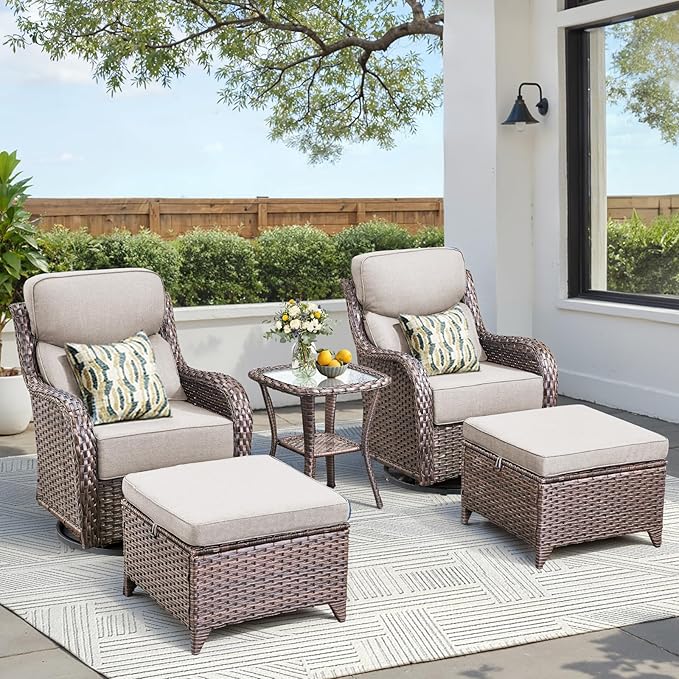 Luxury 5 Pieces Patio Furniture Set-Outdoor Swivel Rocker Patio Chairs with 6" Thick Cushions, Swivel Rocker Chairs with Ottomans & Side Table, Outdoor Conversation Sets for Porch Deck(Brown/Beige)