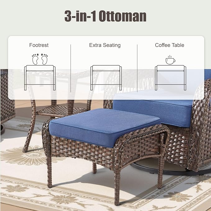 6 Pieces Outdoor Patio Furniture Set, All Weather Wicker Swivel Rocker Patio Chairs High Back Sofa with Ottomans, Outdoor Patio Furniture Set for Deck Porch Garden Backyard, Blue