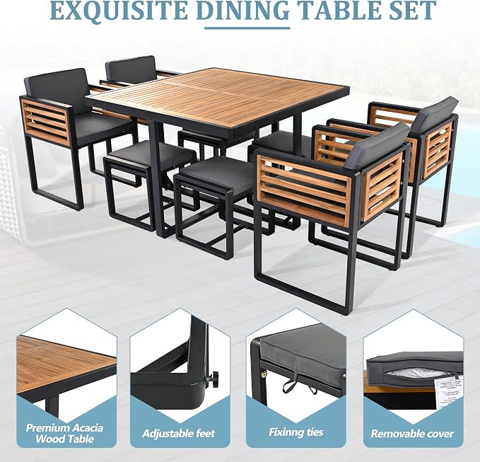 9-Pieces Outdoor Dining Set for 8, Acacia Wood Patio Furniture Set with Outdoor Square Table and 4 Cushioned Chairs & 4 Ottomans for Backyard, Garden, Deck and Poolside (Grey, 9 Piece)