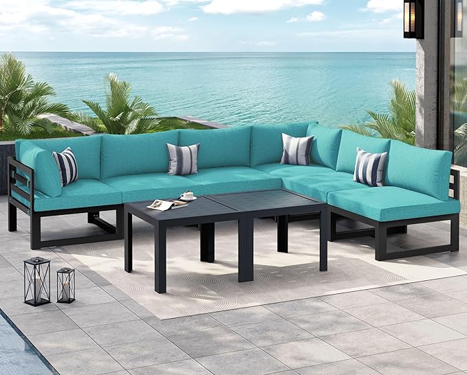 NICESOUL 8 Piece Oversized Modular Aluminum Outdoor Furniture Set, 29" Deep and Wide Sectional Seating, 500 lbs High Weight Capacity Water Resistant Patio Conversation Set for Garden Deck, Turquoise