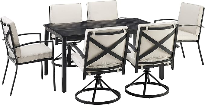 Crosley Furniture Kaplan 7-Piece Outdoor Dining Set for 6, Patio Table and Chairs for Backyard, Deck, Oiled Bronze with Oatmeal Cushions