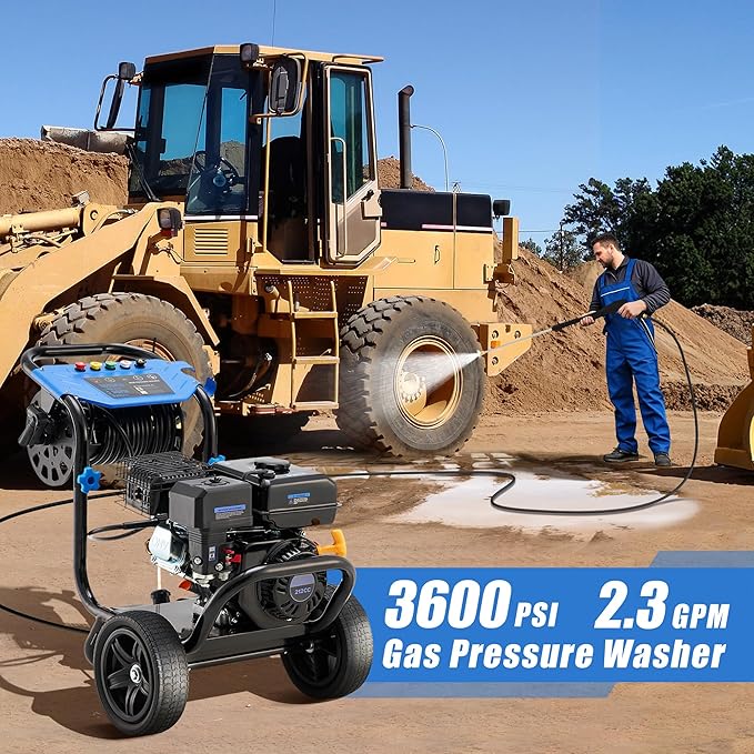 Gas Pressure Washer 3600 PSI with Hose Reel, 2.3 GPM Heavy Duty High Power Washer, 212CC Engine with 30FT Hose, Axial Aluminum Pump, Soap Tank, 5 Quick Connect Nozzle, 3.6L Gas Tank (Navy Blue)
