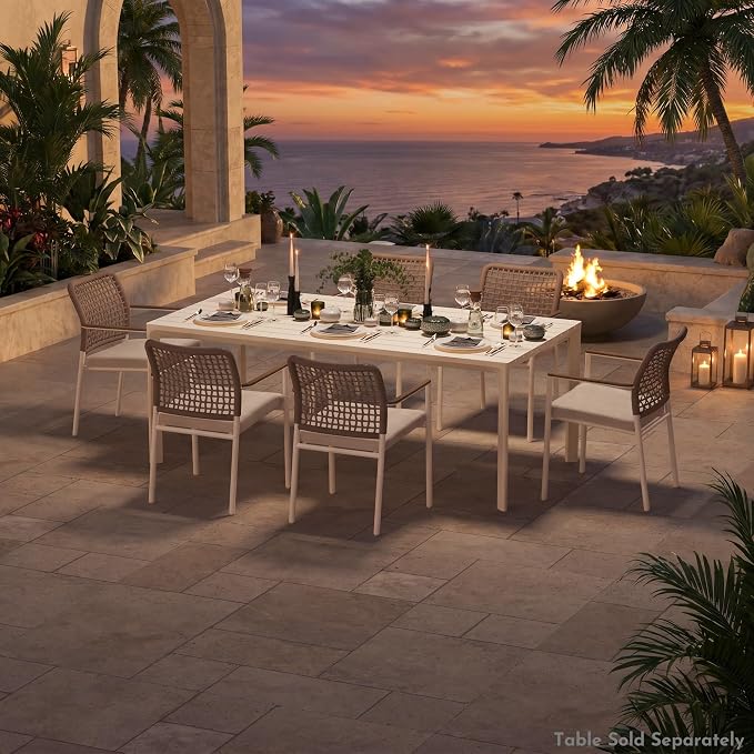 Modern Shade Riviera Outdoor Dining Chairs Set of 6, Fade Resistant, All-Aluminum Woven Rope Outdoor Chairs with FSC Teak Wood Armrests, Weather-Resistant Patio Chair with Quick Dry Cushion, Beige