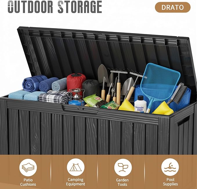 DRATO 90 Gallon Deck Boxes Outdoor Waterproof, Lockable Outside Storage Box with Wheels for Patio Furniture Pool Supplies Garden Tools, Weatherproof Resin Storage Box for Backyard (Black, 90 Gallon)