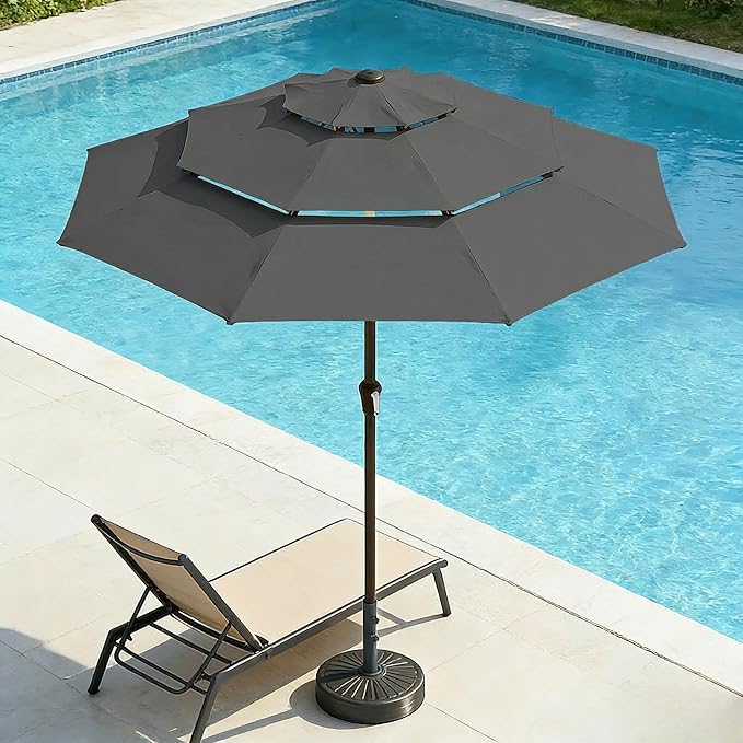 10ft 3 Tier Patio Umbrella, Outdoor Market Table Umbrella with UPF 50+ Vented Canopy, 8 Sturdy Ribs, Easy Push Button Tilt and Crank, Windproof for Deck, Pool, Backyard and Garden