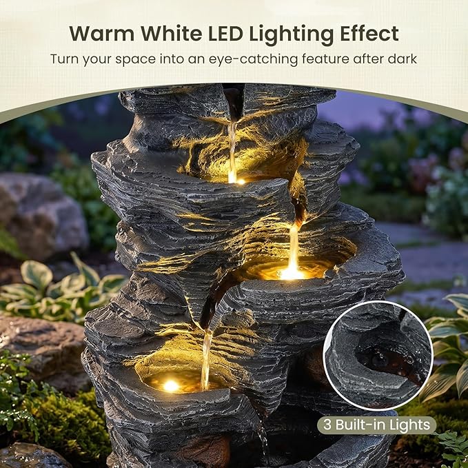 Giantex 5-Tier Water Fountain Outdoor, 18 Inch Cascading Stacked Stone Waterfall Fountain with Lights & Pump, Outside Zen Water Feature for Patio, Balcony, Deck, Garden, Yard Decor