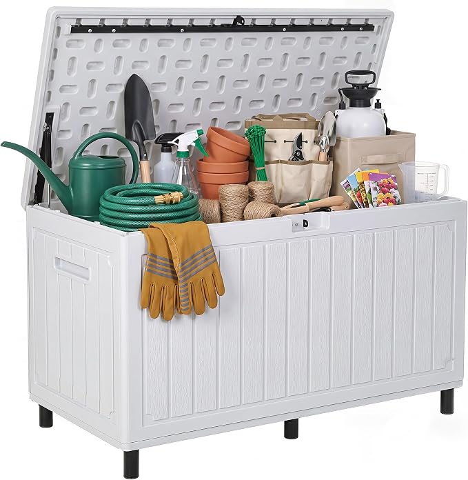 YITAHOME 90 Gallon Outdoor Storage Box with 6 Heavy-Duty Metal Legs & Ergonomic Dual Handles, Large Double-Wall Resin Deck Box, Lockable Waterproof Patio Organizer for Furniture, Cushions, White