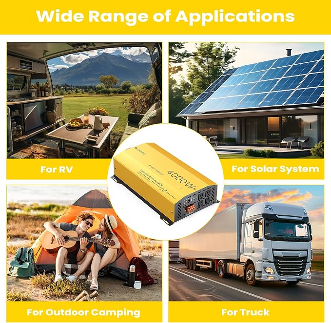 4000W Pure Sine Wave Inverter 12V DC to 120V AC Converter for Home, RV, Truck, Off-Grid Solar Power Inverter Built-in 3.1A USB, Type-C Port, AC Hardwire Output Port, Remote Control with LCD Screen