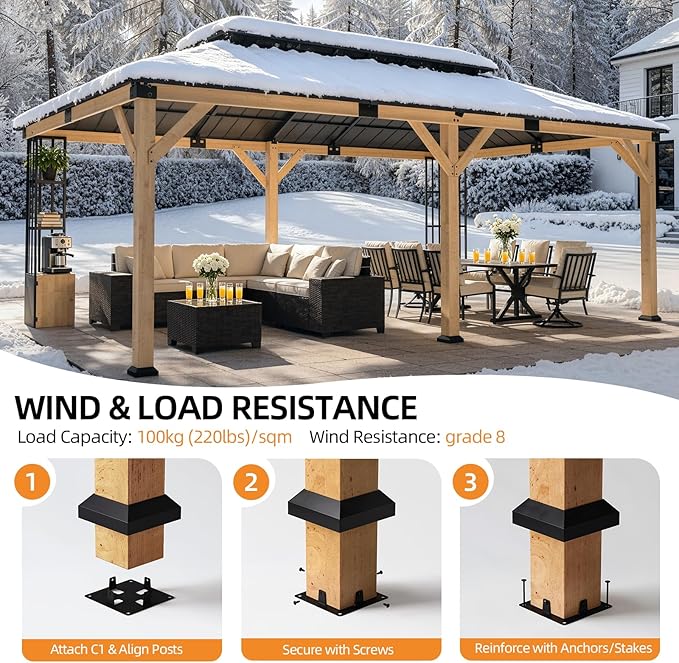 ALAULM 12'x20' Hardtop Gazebo, Outdoor Wood Pergola with Double Metal Roof Metal Corner Frame Shelves Storage,Outdoor Pavilion for Patio, Backyard, Deck,Natural