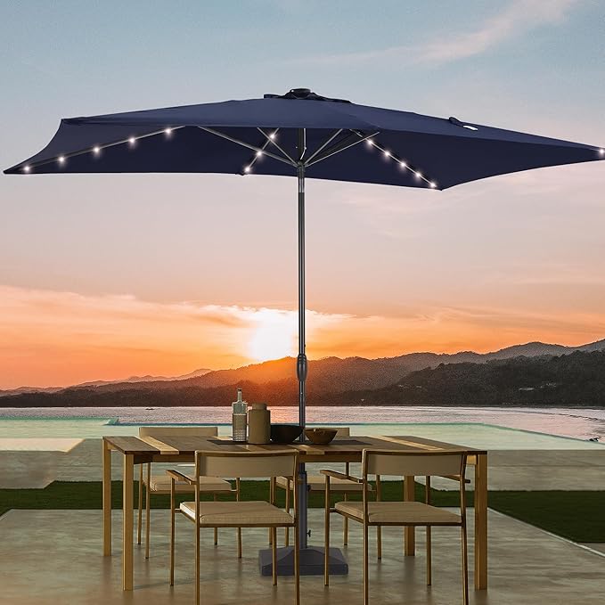 Rectangle Patio Umbrella with Solar Lights, 6x9ft Outdoor Rectangular Table Market Umbrella Patio with Push Button Tilt and Crank for Pool, Deck, Garden,Backyard