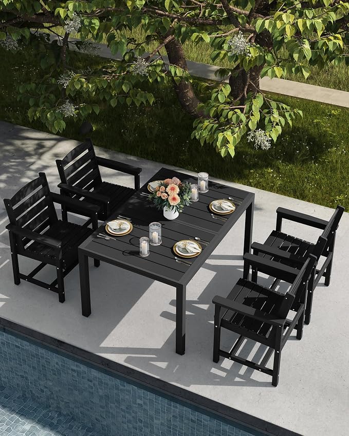 SERWALL HDPE and Aluminum Outdoor Dining Set for 8, Black | 60" - 83" Expandable Outdoor Dining Table and 8 HDPE Chairs, All Weather Outdoor Furniture Set