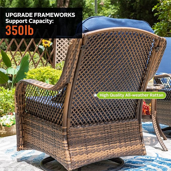 PHI VILLA 4-Piece Outdoor Swivel Rocker Chairs Set with Fire Pit Table, Rattan Patio Furniture Set Supports 350lbs, with 2 Rocking & Swivel Chairs, 1 Coffee Table, and 1 Fire Pit