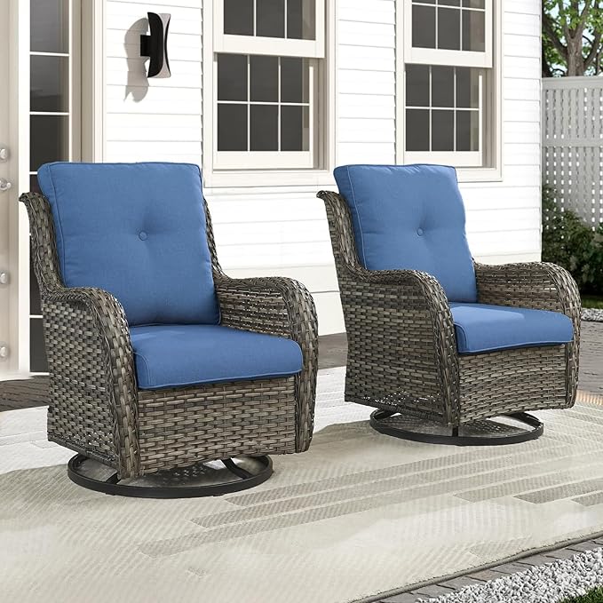 Outdoor Swivel Rocker Patio Chairs-Wicker Patio Swivel Chairs Set of 2 PE Rattan Patio Furniture for Porch Deck Balcony Garden-Grey/Blue