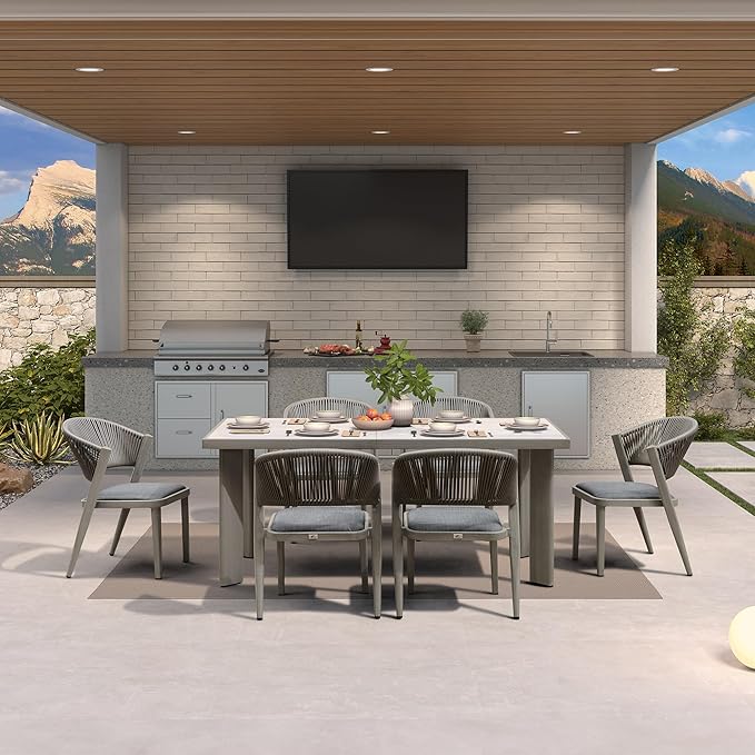 PURPLE LEAF 7-Piece Patio Dining Set Outdoor Furniture Rectangular Table and Chairs with Aluminum Frame and Wicker Rattan for Garden Deck Backyard Gray