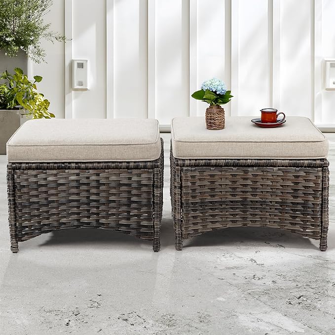 Wicker Patio Furniture Sets 8 Pieces with 3-Seat Sofa, 2 Swivel Rocking Armchairs, 2 Armchairs, 2 Ottoman and 1 Side Table Wicker Outdoor Furniture Sectional Conversation Set, Beige
