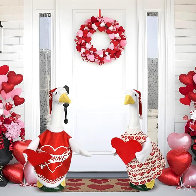 2 Sets Porch Goose Outfit Cute Red Heart Goose Dress Clothes with Headband and Wide Hat Costume for 23" Gooses Statue Decoration Patio Yard Garden Lawn Outdoor Decors